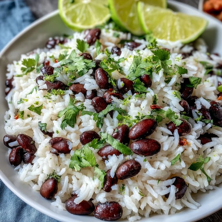 Fluffy coconut lime rice dish with fresh cilantro and hearty black beans.