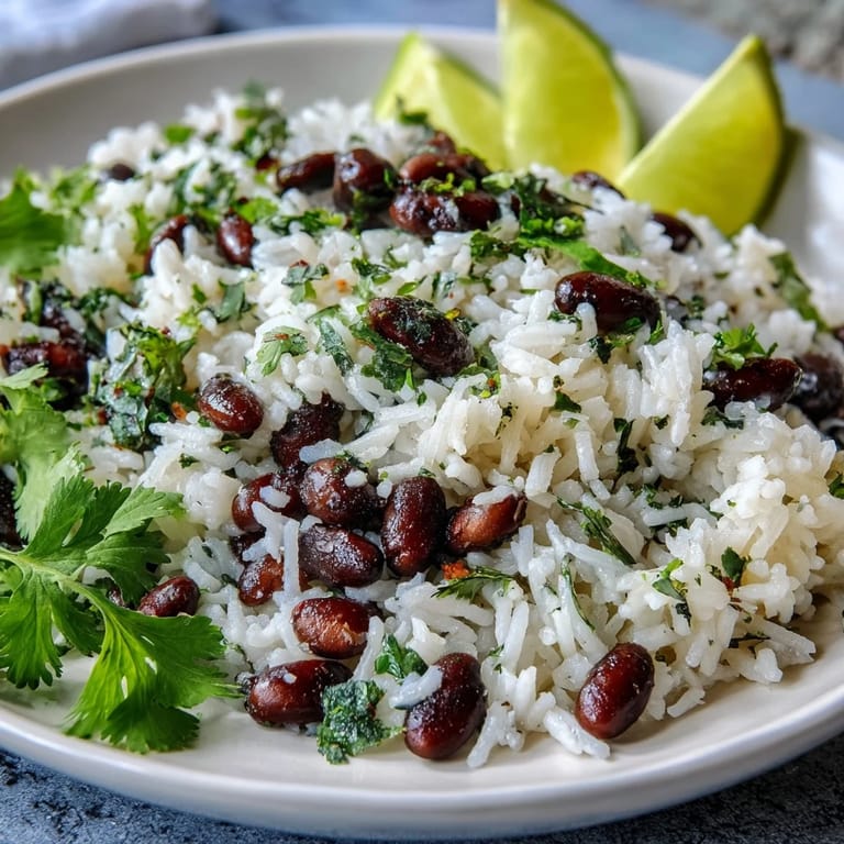Savory lime rice side dish crowned with cilantro and tender black beans.