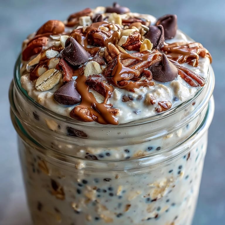 Fluffy Protein Cookie Dough Overnight Oats topped with nuts and chocolate chips.