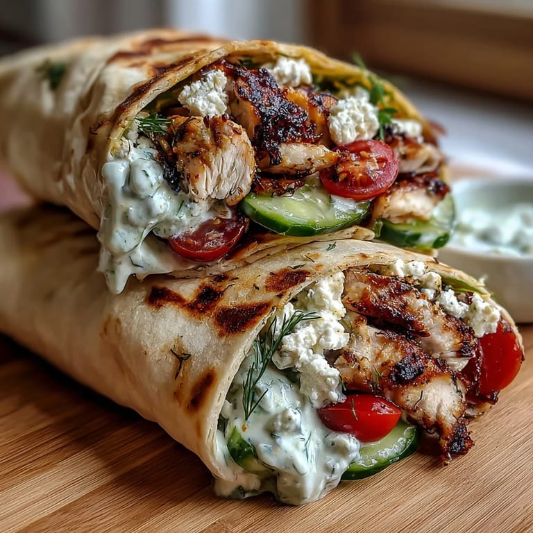 Flavorful Tzatziki Chicken Wraps piled high with feta and crisp cucumber for lunch.