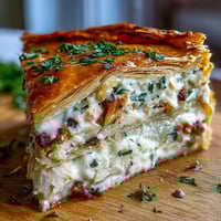 A golden, flaky Chicken and Leek Pie resting on a rustic wooden table, steam rising from the sliced wedge.