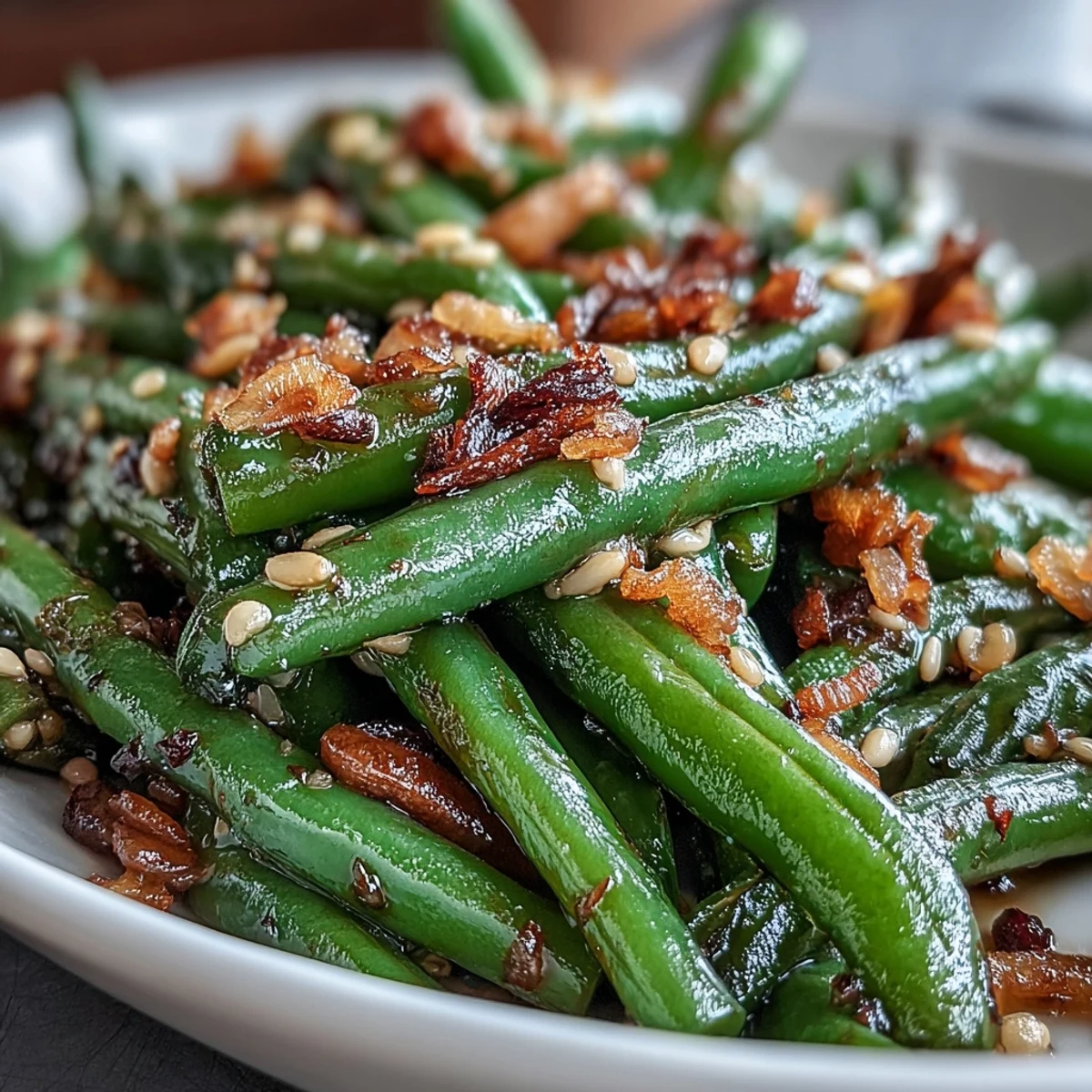 Aromatic green beans sautéed with garlic and sesame, topped with golden crispy onions for a savory side dish.