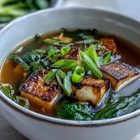 A comforting bowl of miso soup with silky tofu cubes, fresh spinach, and sliced green onions in savory broth.