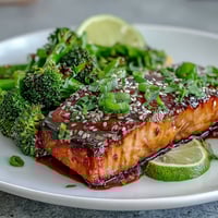 Honey soy glazed salmon with sesame broccoli served on a white plate, showcasing golden-brown fillets and vibrant green florets.  