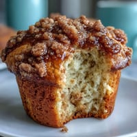 Fluffy banana muffins with tangy sourdough discard, topped with a sweet cinnamon streusel crumble.  