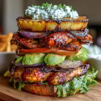 Juicy grilled chicken breasts layered with caramelized pineapple, crisp lettuce, and vibrant vegetables in hearty stacks.  