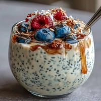 Fluffy Yogurt Chia Pudding with Vanilla Bean, topped with fresh berries and toasted coconut flakes, a creamy and healthy breakfast or dessert.
