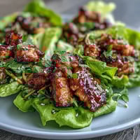 Fresh lettuce wraps filled with teriyaki chicken, pineapple, and crisp vegetables for a light Asian-inspired meal.  