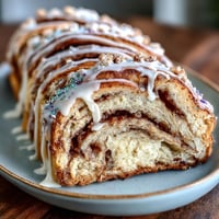 Vibrant King Cake Cinnamon Babka Loaf with cream cheese and cinnamon swirls, drizzled with glaze and topped with purple, green, and gold sugars.