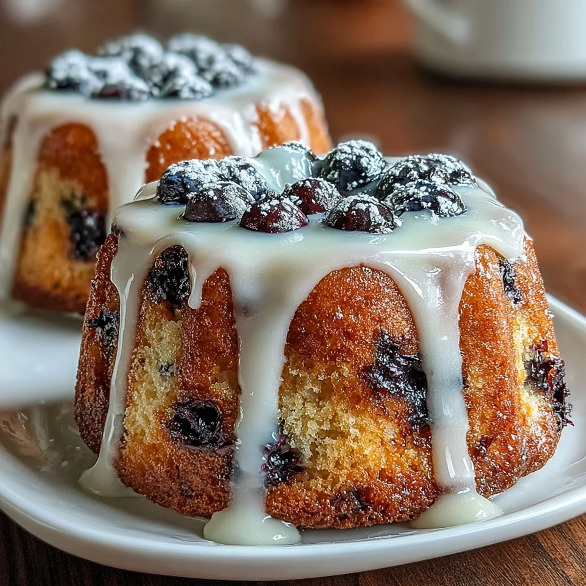 Mini lemon blueberry sourdough bundt cakes topped with a glossy lemon glaze, showcasing vibrant berries and a tender crumb.