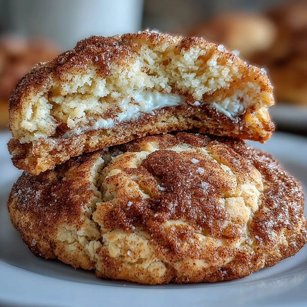 A plate of cottage cheese snickerdoodle cookies dusted with cinnamon sugar, soft and pillowy with a tangy twist.  