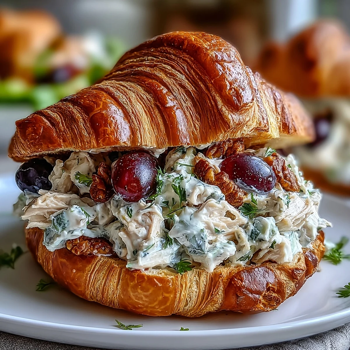 A flaky croissant sandwich filled with creamy chicken salad, sweet red grapes, and crunchy celery, perfect for a sunny picnic.