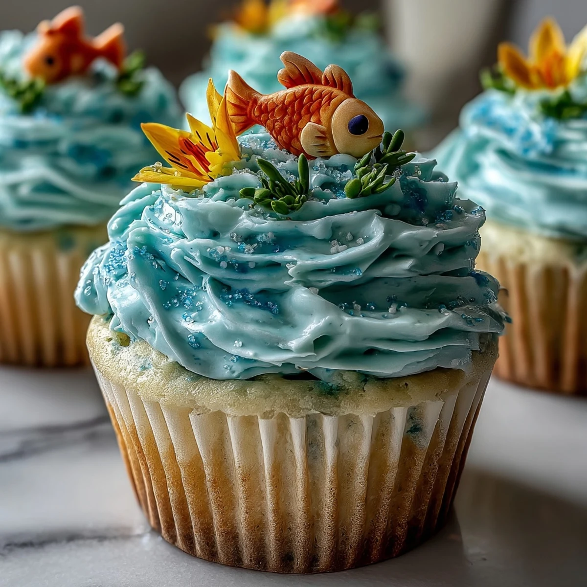 Whimsical vanilla cupcakes decorated with blue buttercream and fondant fish toppers for a zodiac Pisces theme.