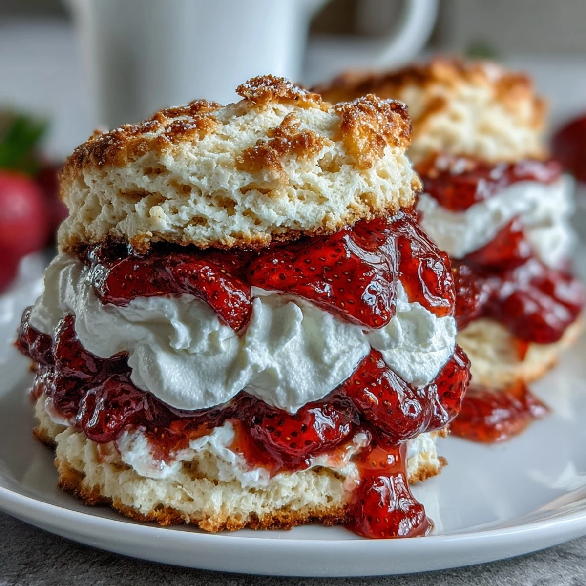 Classic strawberry shortcake with biscuit layers topped with fresh whipped cream and macerated strawberries.