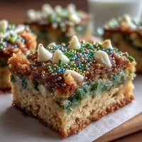 Festive St. Patrick's Day Rainbow Cookie Bars with colorful sprinkles and white chocolate chips.