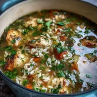 One-pot healthy chicken and rice soup with tender chicken, fresh vegetables, and hearty rice in a savory broth, perfect for a comforting meal.