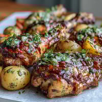 Juicy chicken drumsticks roasted with baby potatoes and carrots, seasoned with rosemary and thyme for a flavorful sheet pan dinner.  