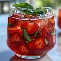 Refreshing strawberry basil lemonade in a clear glass pitcher, garnished with fresh basil and lemon slices for a vibrant spring drink.