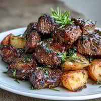 Garlic butter steak bites and potatoes sizzling in a skillet, with juicy steak cubes and crispy golden potatoes coated in a rich, garlicky sauce.  