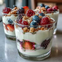 Vibrant Mothers Day brunch yogurt parfait bar with fresh berries, crunchy granola, and colorful fruit toppings for a festive family gathering.