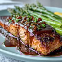 Garlic Butter Salmon with Asparagus, a vibrant, elegant dish featuring tender salmon fillets roasted with crisp asparagus in a fragrant garlic butter sauce—perfect for a spring dinner party.