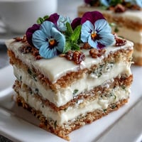 Elegant vanilla cake adorned with pressed edible flowers, perfect for spring celebrations.  