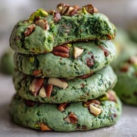 Vibrant green pistachio pudding cookies with chopped nuts and white chocolate chips, perfect for St. Patrick's Day celebrations.