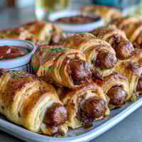 Mini baseball hot dogs in crescent roll dough, golden and crispy, perfect for game day snacks.