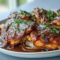 A cast iron skillet holds golden-brown chicken smothered in rich, savory onion gravy for a classic Southern meal.