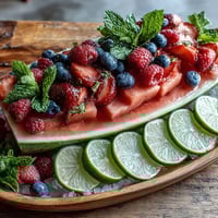 Vibrant watermelon carving board filled with fresh berries and mint, perfect for summer gatherings and parties.  