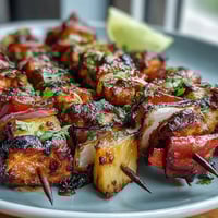 Grilled Pineapple Chicken Skewers bursting with juicy chicken and sweet caramelized pineapple chunks.  