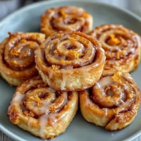 Mini orange rolls from crescent dough with bright citrus glaze, perfect for a quick breakfast or brunch treat.
