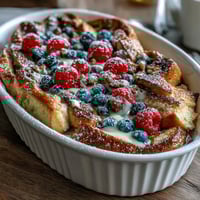 Fluffy pancake casserole with fresh berries and creamy custard, baked to golden perfection for a cozy Mothers Day brunch.
