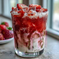 A vibrant pink drink with fresh strawberry slices and creamy coconut milk, perfect for a refreshing summer beverage.