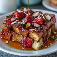 A golden, custard-soaked French toast bake with fresh strawberries and sliced almonds, perfect for spring brunch.