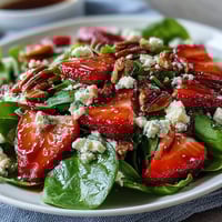 Spring Strawberry Spinach Salad with creamy goat cheese and candied pecans in a tangy balsamic vinaigrette.  