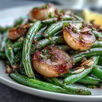 Roasted garlic green beans with tender green beans and golden caramelized garlic, brightened by fresh lemon zest.