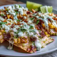 A vibrant platter of Cinco de Mayo elote nachos with melted cheese, corn, and smoky chipotle crema drizzle.  